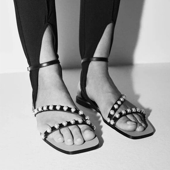 ZARA PEARL STUDDED + STRAPPY FLAT SANDALS US 6 - Picture 2 of 7